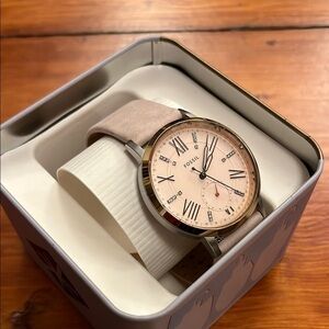 Fossil Light Pink Suede Watch with Silver Accents